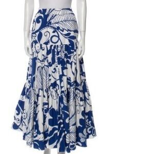 LA DoubleJ Blue and White Floral Tiered Maxi Skirt Small